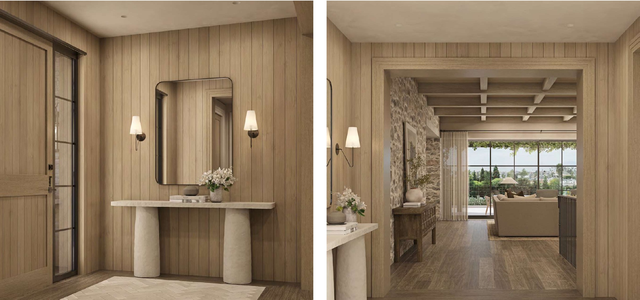 Entry foyer with herringbone floor and warm wood paneling