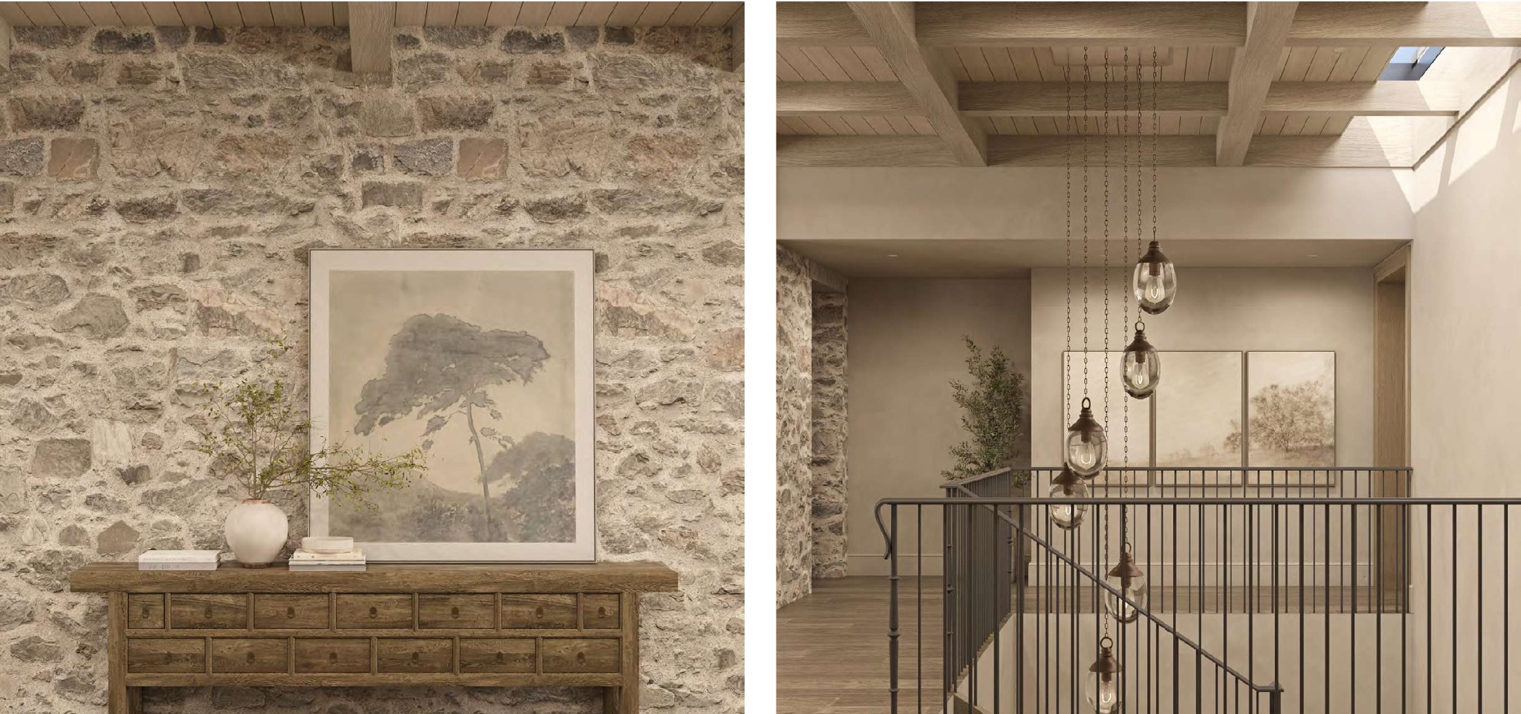 Entry stair with clustered pendant lanterns and fieldstone wall
